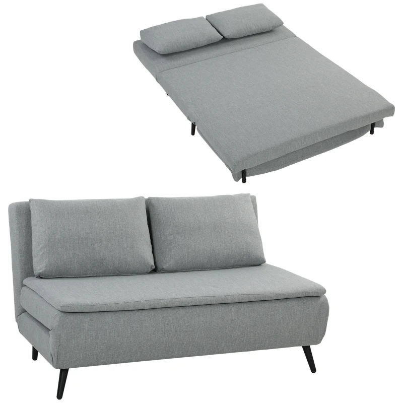 HOMCOM Divano Letto 2 Posti 3 in 1 in Tessuto Effetto Lino con 2 Cuscini, Struttura in Eucalipto, Grigio Chiaro