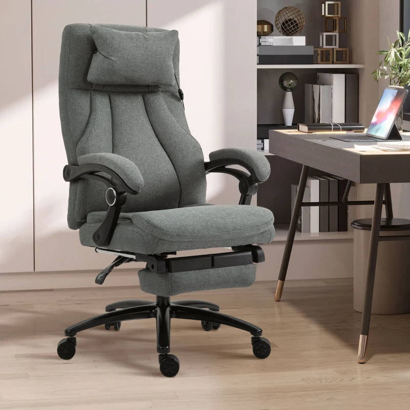 Vinsetto Fauteuil de bureau direction massant hauteur réglable dossier inclinable repose-pied intégré lin gris