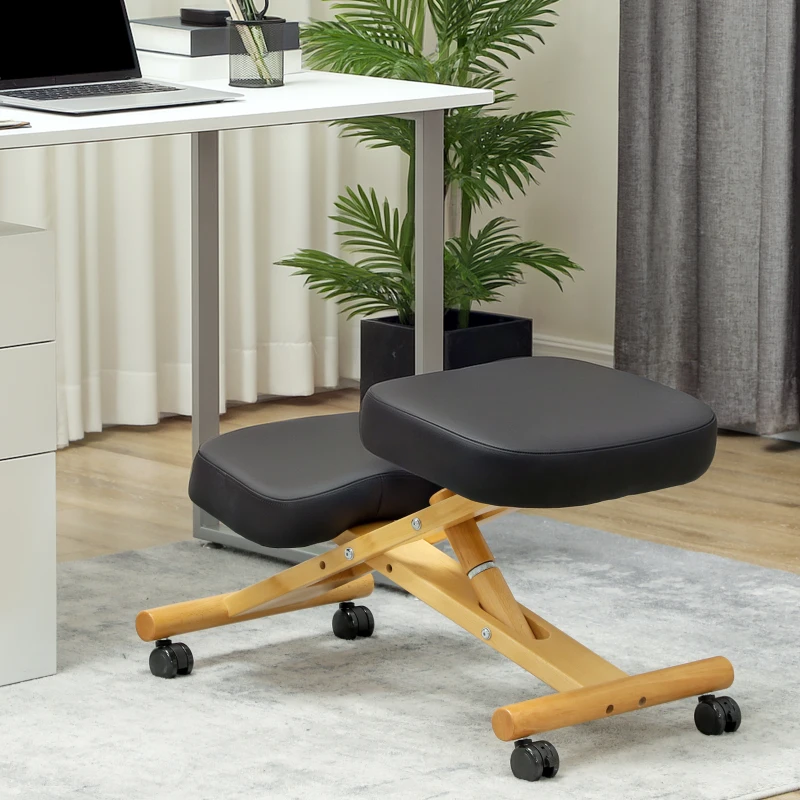 HOMCOM Scaun ergonomic postural cu suport pentru genunchi, cu roți, din lemn, negru