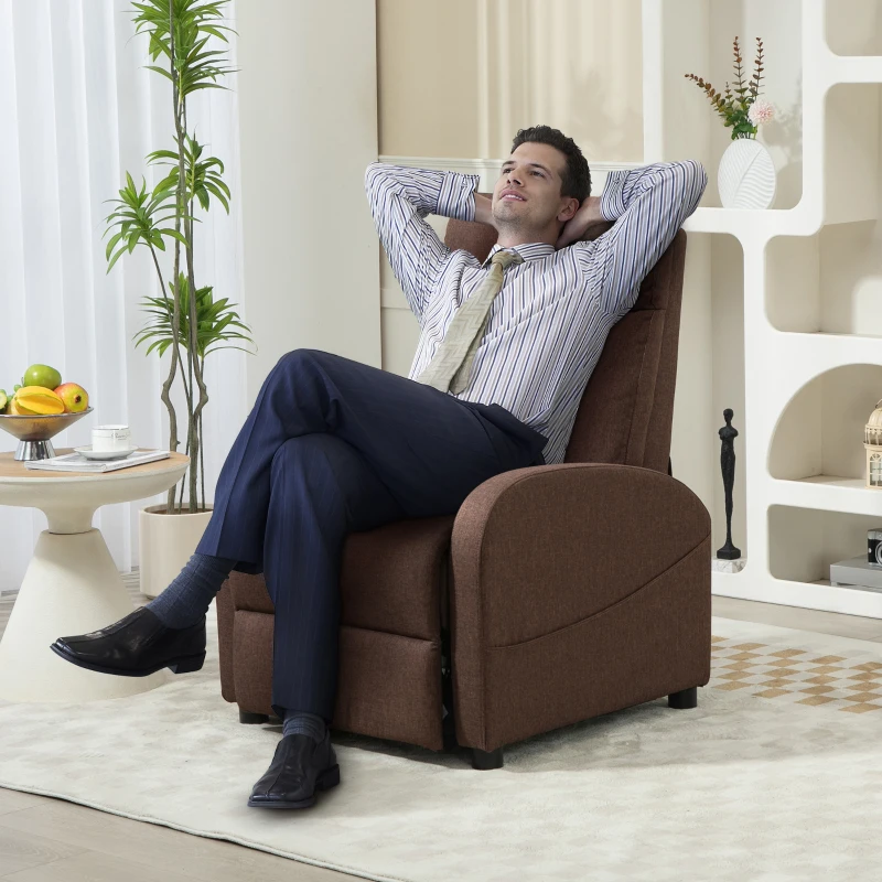 HOMCOM Fotoliu Relax Rabatabil cu Suport pentru Picioare, din Material Textil cu Aspect de In, 69x85x100 cm, Maro