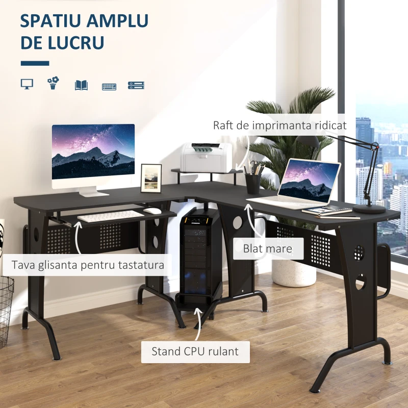 HOMCOM Birou pentru Computer in forma de L cu Suport pentru Tastatura Suport pentru CPU din inox MDF pentru casa birou negru