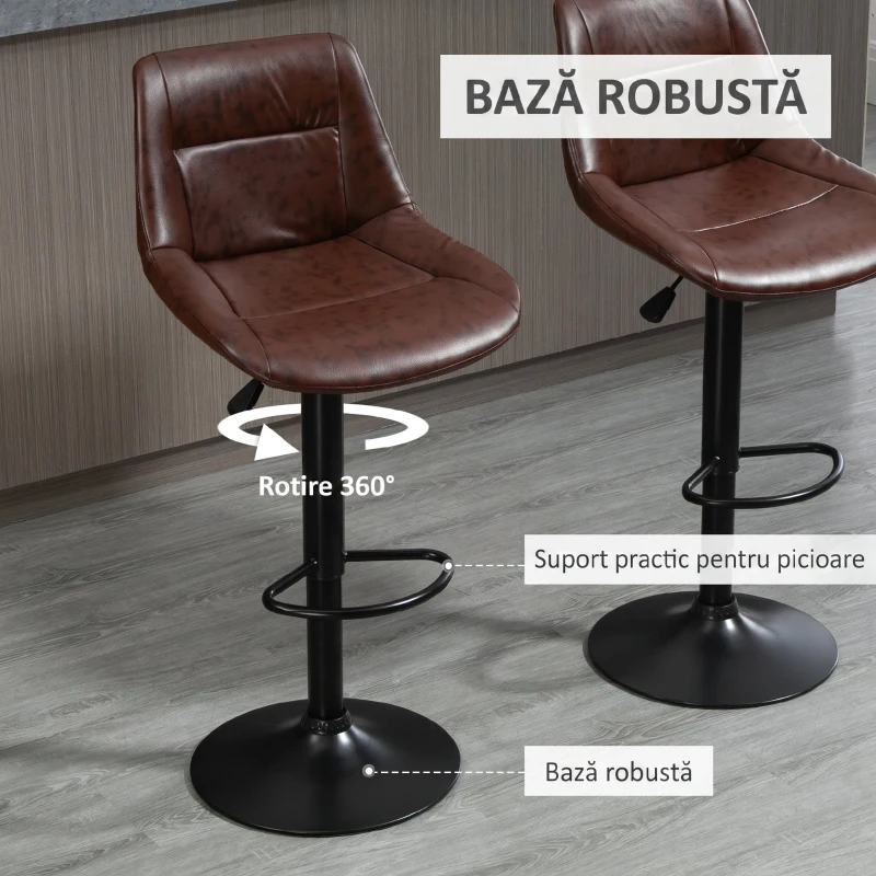 HOMCOM Set 2 Scaune de Bar Vintage din Piele Sintetică Maro cu Suport pentru Picioare și Bază Rotundă, 46,5x50x88-108 cm