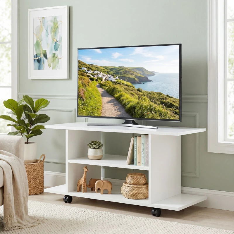 HOMCOM Mobile Porta TV Moderno con Ripiani, Ruote Girevoli e Freni, 80x40x40 cm, Bianco