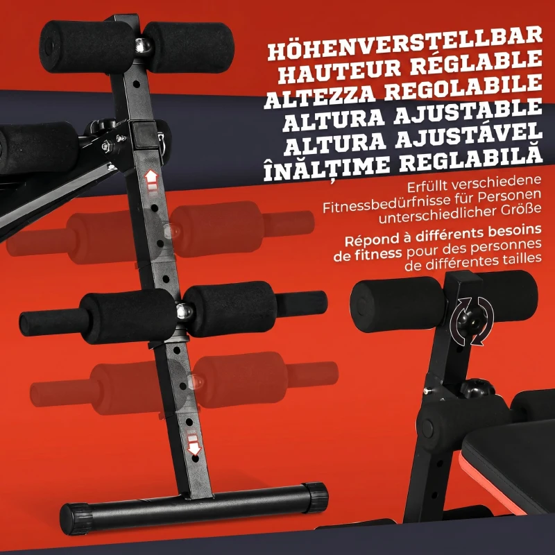 HOMCOM Bancă pentru Abdomene Pliabilă și Reglabilă cu Spătar Tapițat, 47x139x51-69cm, Negru și Roșu