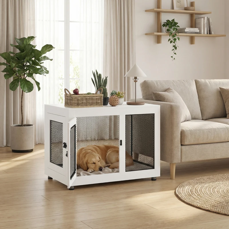 PawHut Gaiola para Cães de Madeira Mesa de Centro l com 2 Portas com Fechadura Almofada de Tecido Oxford 94x60x71,5cm Branco
