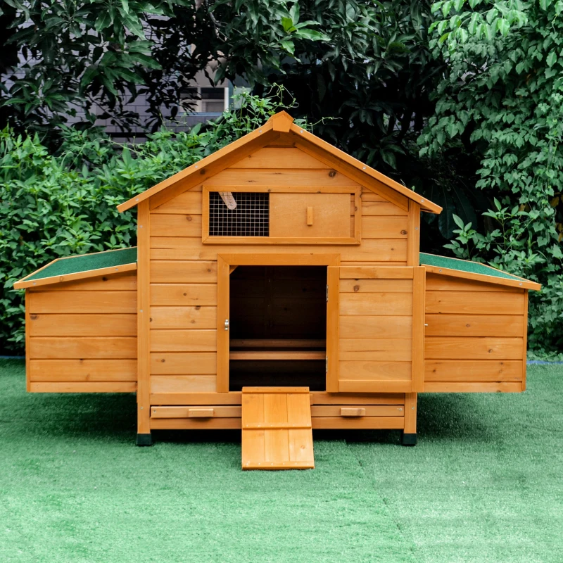 PawHut Wooden Chicken Coop with Nesting Boxes, Tray, for 2-4 Chickens, Yellow
