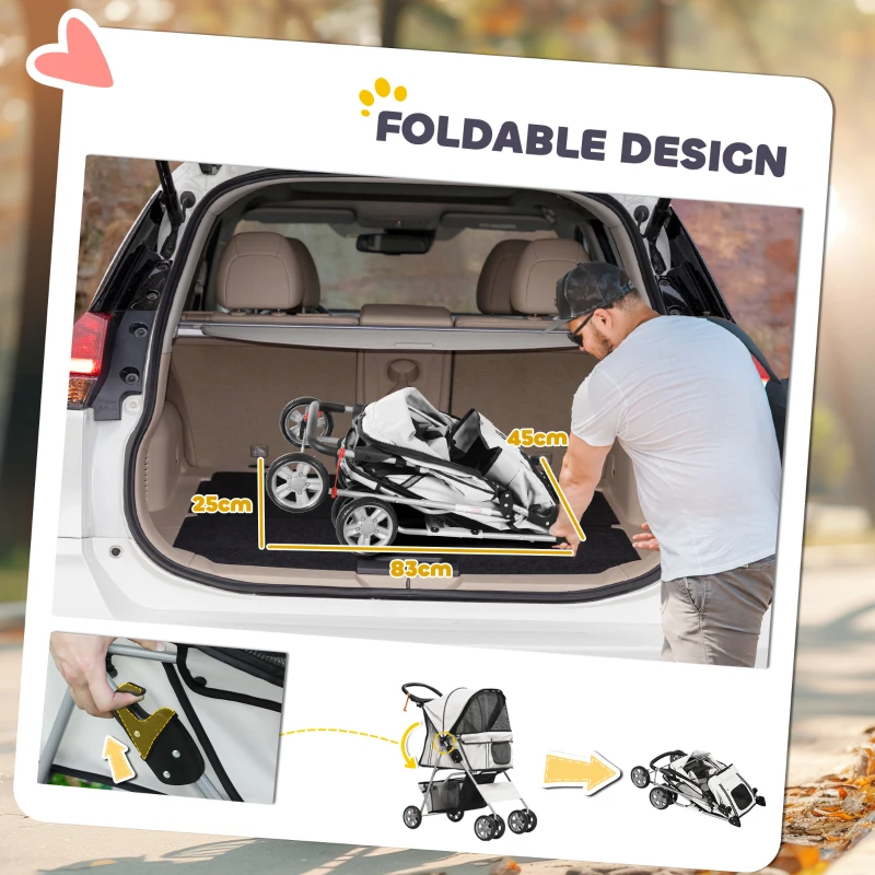 PawHut Pet Stroller for Small Miniature Dogs, Cats, Foldable Travel Carriage with Wheels Zipper Entry, Cup Holder, Storage Basket - Grey