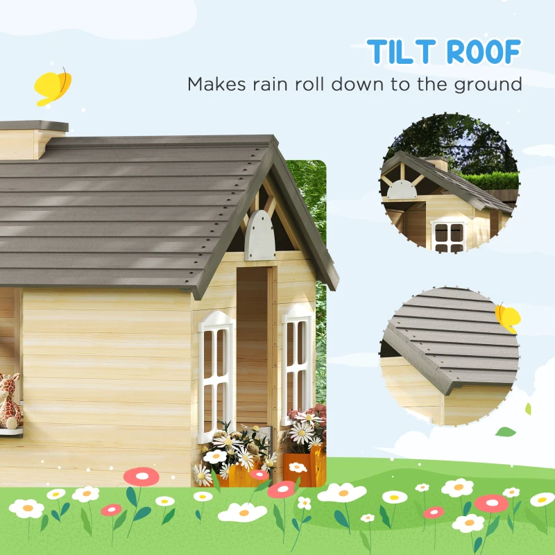 Outsunny Wooden Playhouse for Kids Outdoor Wendy House with Door, windows, Bench, Service Stations, Flowerpot Holder, For Ages 3-7 Years