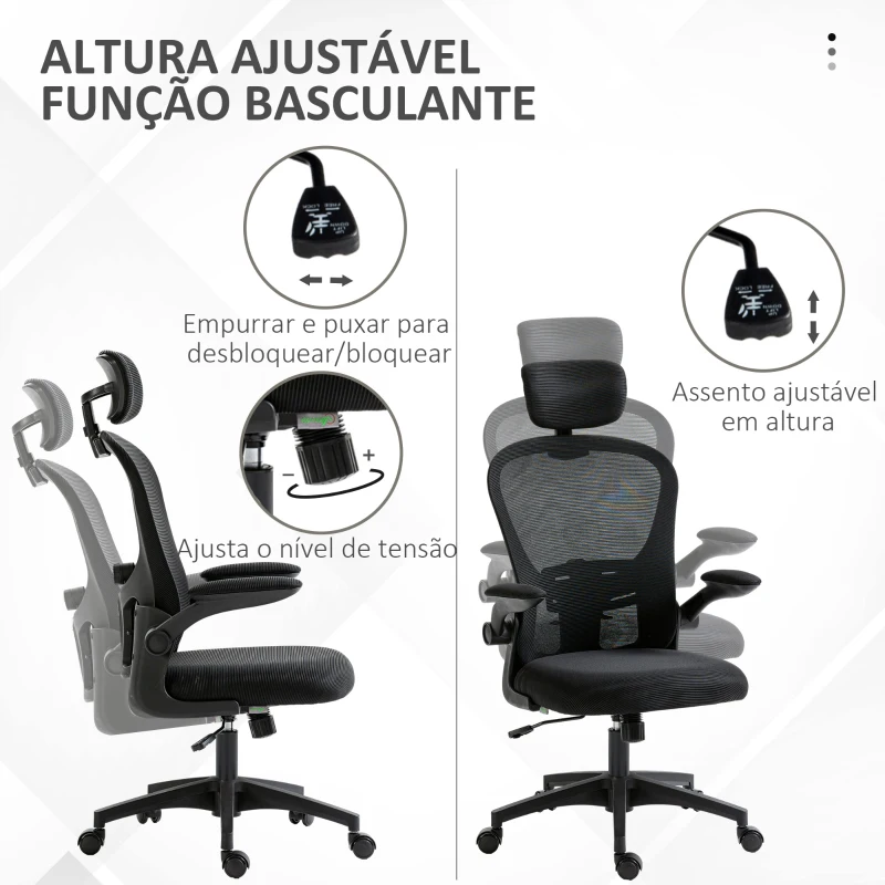 Vinsetto Cadeira de Escritório Basculante com Encosto Alto Apoio para a Cabeça Ajustável e Suporte Lombar 62x64x112-120 cm Preto