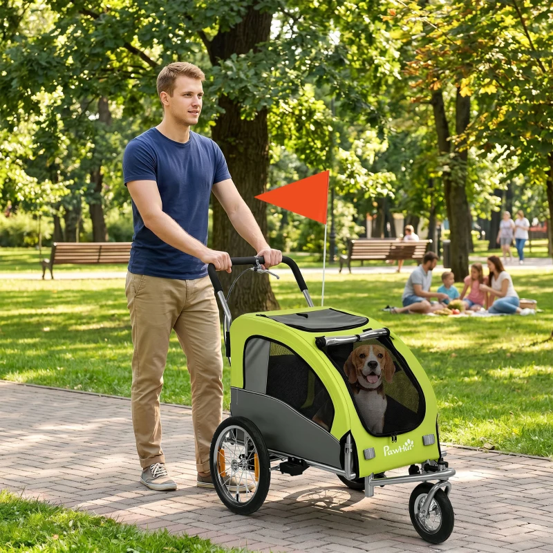 PawHut Remolque de Bicicleta Perros 2 en 1 Carrito Perros Medianos Plegable con Suspensión Neumáticos Grandes Ventanas Verde