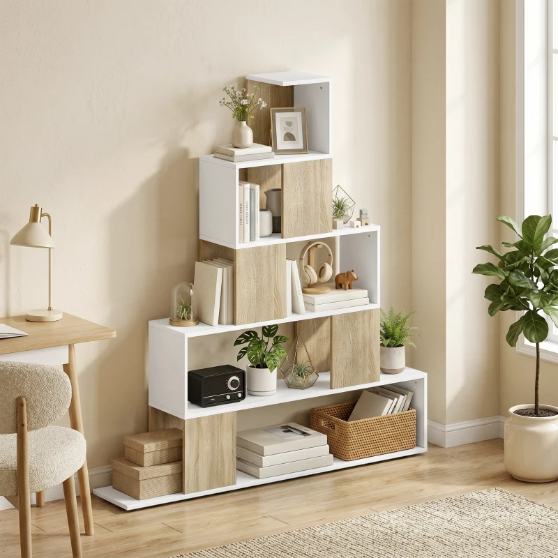 HOMCOM Libreria Moderna a 5 Ripiani con Design a Gradini, 120x22x131.5 cm, Bianco e Legno