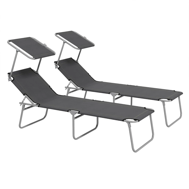 Outsunny Folding Sun Lounger Set of 2 with Canopy, Reclining Sunbed with 4-Position Adjustable Backrest, 600D Oxford Cloth, Portable Garden Lounger Recliner Chair for Beach, Camping, Patio, Grey