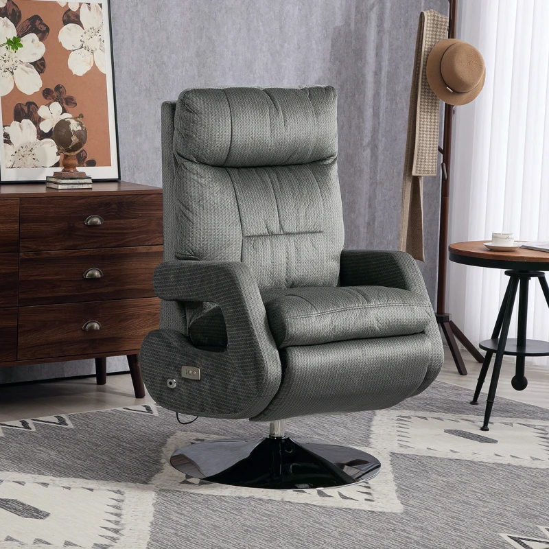 HOMCOM Recliner-Sessel, Elektrischer Polstersessel mit USB-Anschluss und Fußstütze, Samtoptik, drehbar, verstellbar, Grau(m-10)