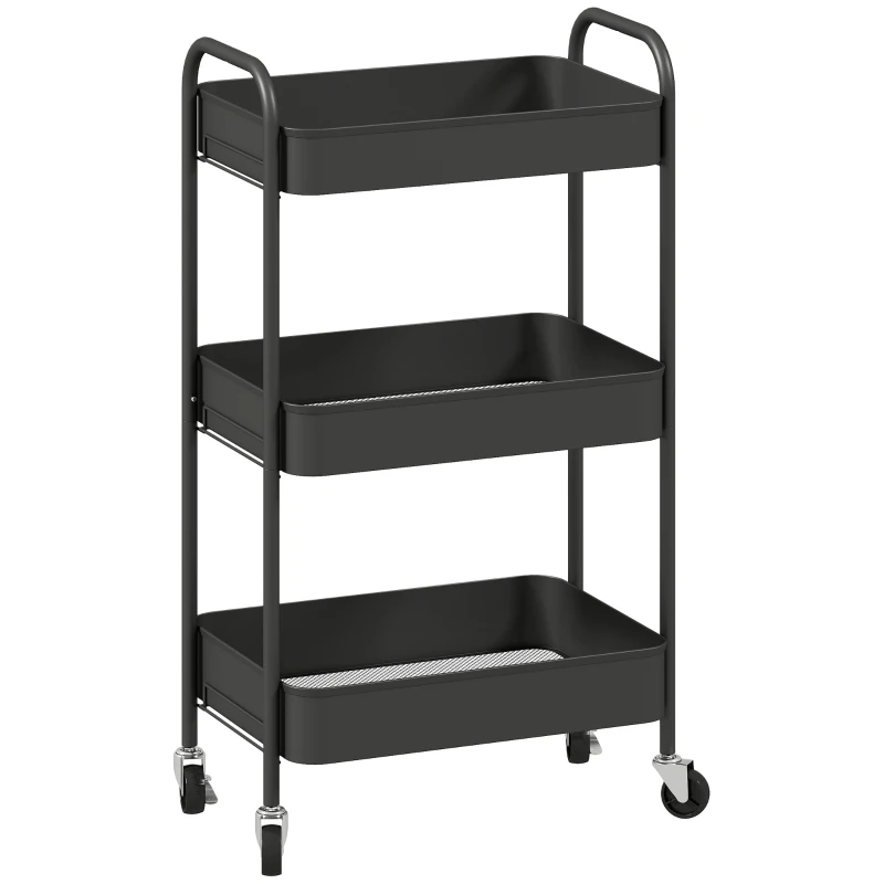 HOMCOM Desserte chariot de rangement en acier chariot de service à roulettes 3 plateaux ajourés 45 x 30,6 x 79 cm noir