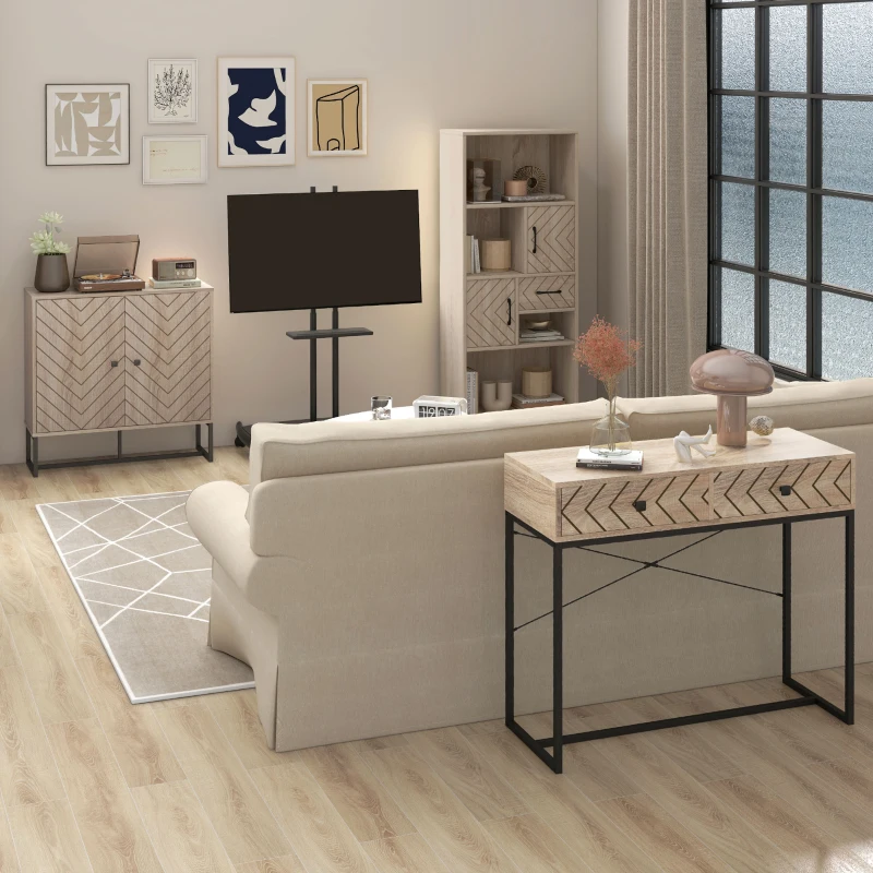 HOMCOM Storage Cabinet, Kitchen Cupboard with Chevron Double Doors, Adjustable Shelf and Metal Frame