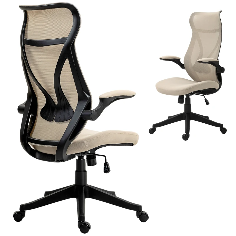 HOMCOM Sedia da Ufficio con Braccioli Ribaltabili, Altezza Regolabile e Schienale Inclinabile, Beige