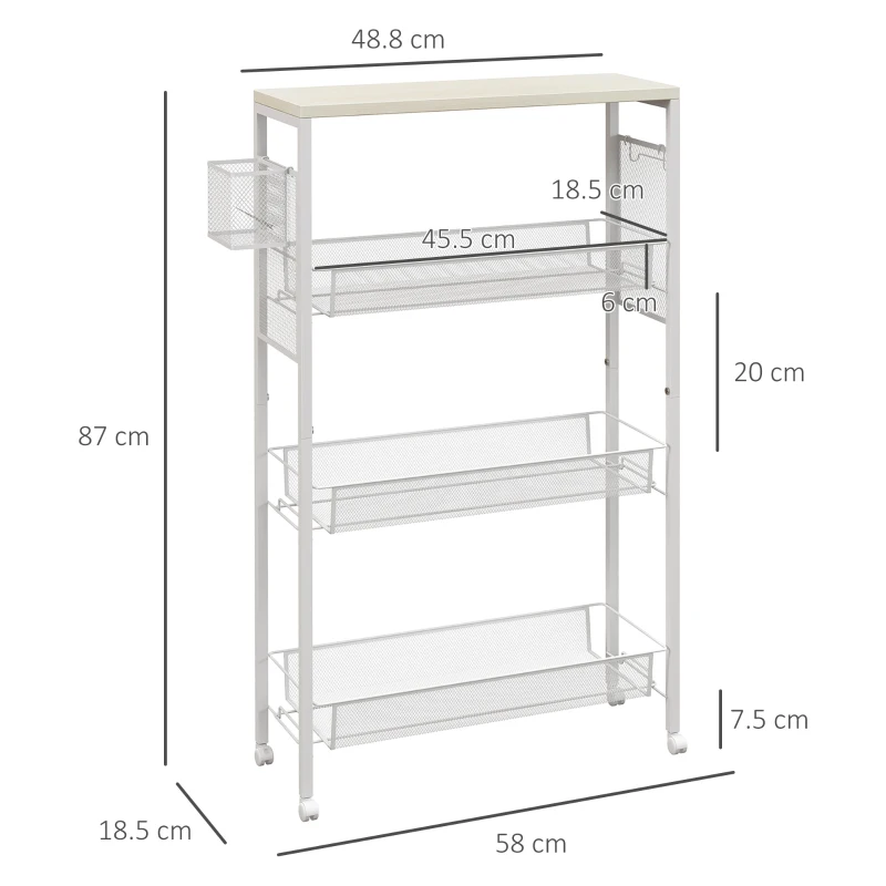 HOMCOM 3-Tier Kitchen Cart with 3 Steel Wire Baskets - White