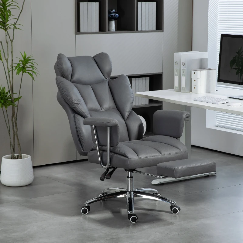 HOMCOM Ergonomischer Bürostuhl, gepolstert, mit Fußstütze, verstellbarer Lehne, 360° drehbar, Dunkelgrau