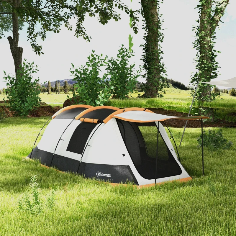 Outsunny Tenda de Campismo Familiar para 3-4 Pessoas com 2 Quartos e Bolsa de Transporte Impermeável 370x220x130 cm Laranja e Cinza