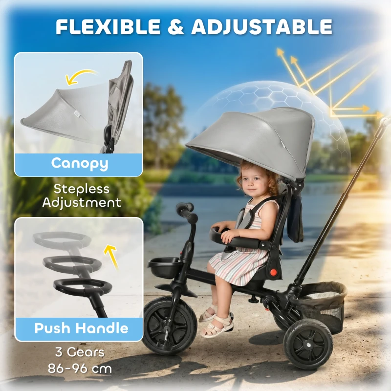 HOMCOM 4 in 1 Kids Trike Toddler Foldable Pedal Tricycle w/ Reversible Angle Adjustable Seat Removable Handle Canopy Belt Brake - Grey