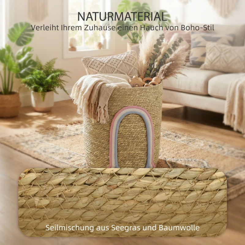 HOMCOM 24,7L Aufbewahrungskorb mit Regenbogen-Dekoration, großer geflochtener Korb für Badezimmer, Schlafzimmer, Natur