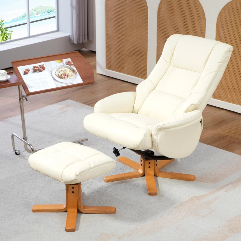 HOMCOM Relaxsessel mit Hocker, Liegefunktion, Kunstlederbezug, bis 150 kg, 71 x 84 x 102 cm, Cremeweiß(m-10)