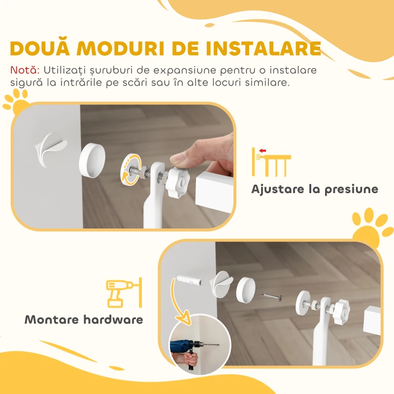 PawHut Poartă pentru Câini și Pisici, Înaltă de 180 cm, Extensibilă de la 77-104 cm, Montaj prin Presiune, Albă