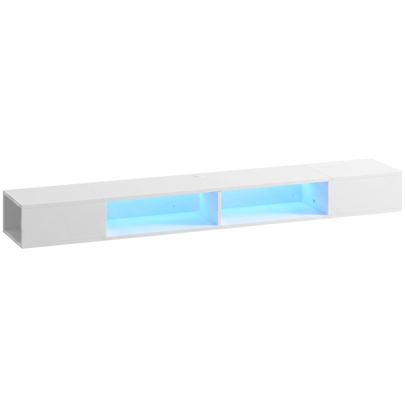 HOMCOM Meuble TV suspendu avec lumières LED et étagères ouvertes pour téléviseur 190,5 cm 177,8x30x18 cm Blanc