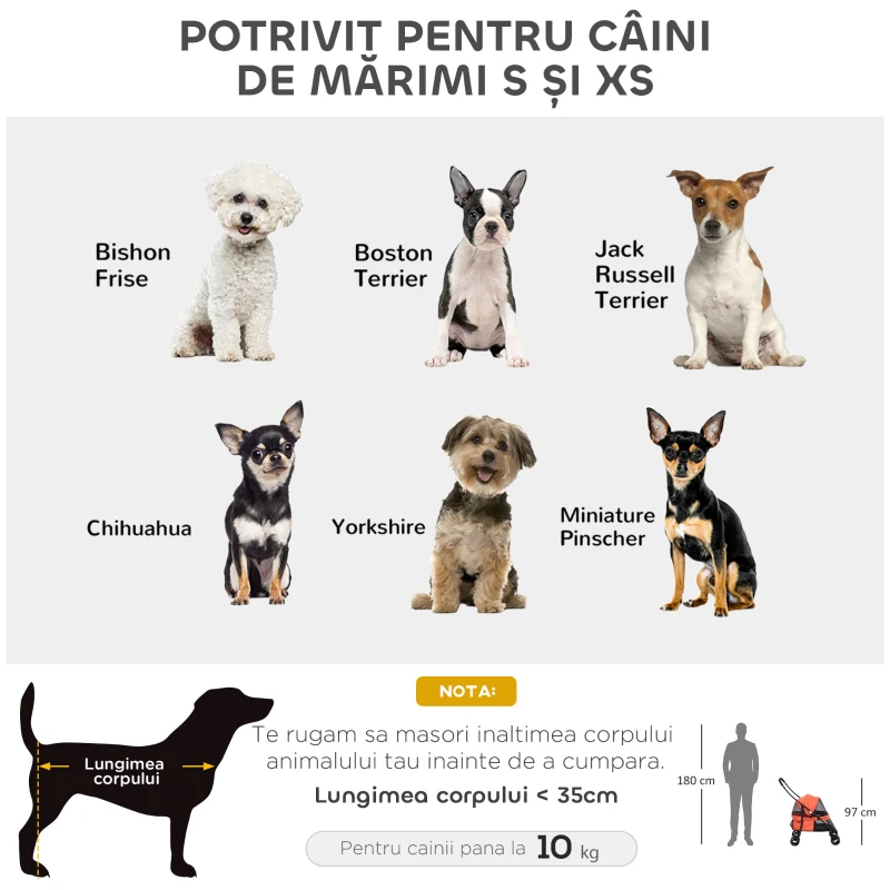PawHut Cărucior pliabil pentru câini cu copertină reglabilă, geantă și 2 lese, 82x47x97 cm, roșu și negru