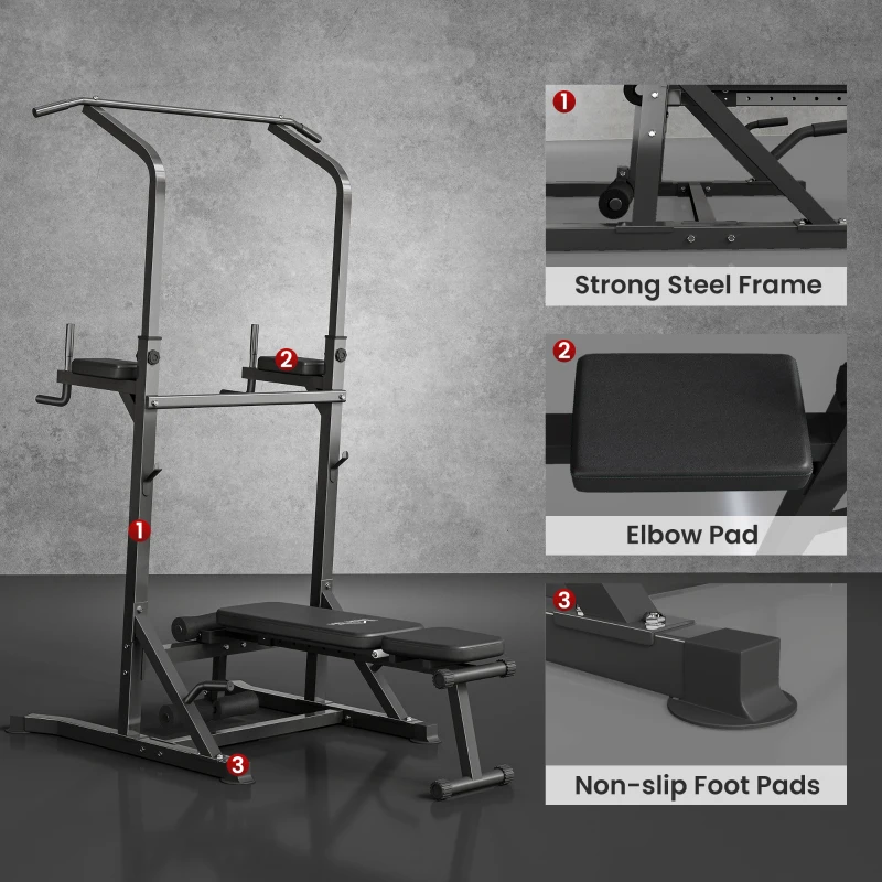 HOMCOM Multifunction Power Tower with Adjustable Weight Bench, Dip Station and Push-up Bars, Office Gym Training Fitness Equipment