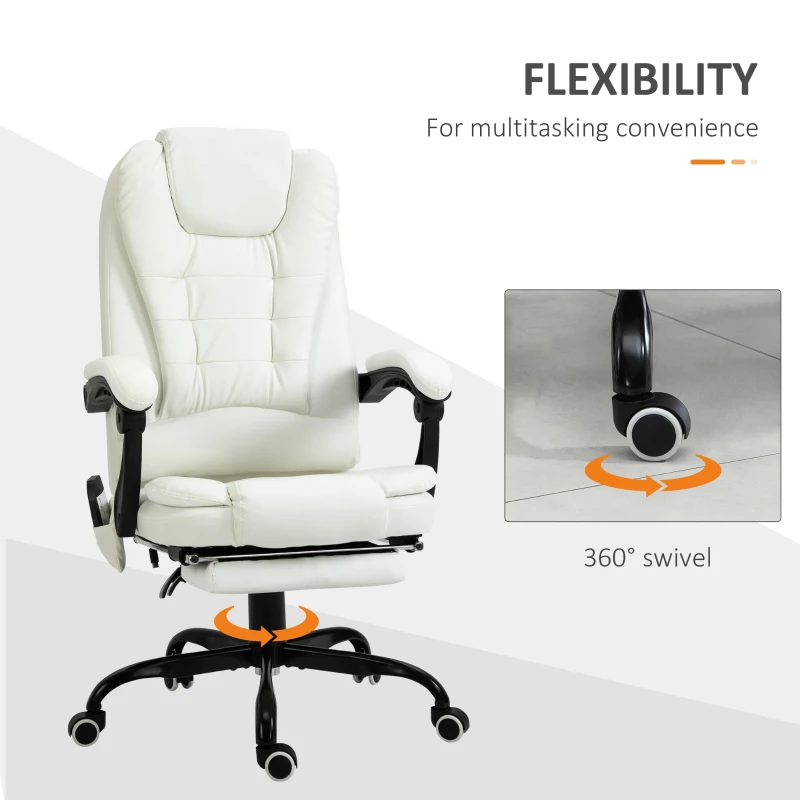 Vinsetto Scaun de birou de masaj, scaun de birou, scaun ergonomic cu înălțime reglabilă, spătar inclinabil și telecomandă cu fir, suport pentru picioare retractabil și pivotant la 360°, alb