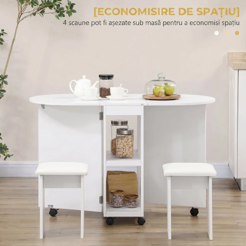 Set HOMCOM 5 piese, masă pliabilă cu 2 rafturi și 4 scaune din PAL, alb