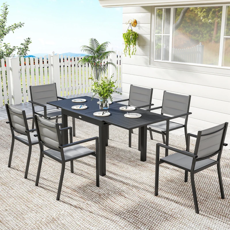 Outsunny Conjunto de Mesa y Sillas Jardín con Mesa Extensible y 6 Sillas Apilables Transpirables Marco de Aluminio Gris