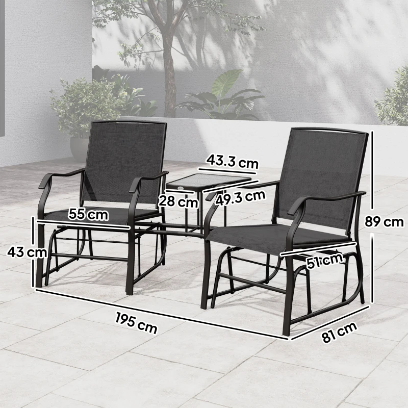 Outsunny Gliding Jack and Jill Seat, with Glass-Top Table - Black