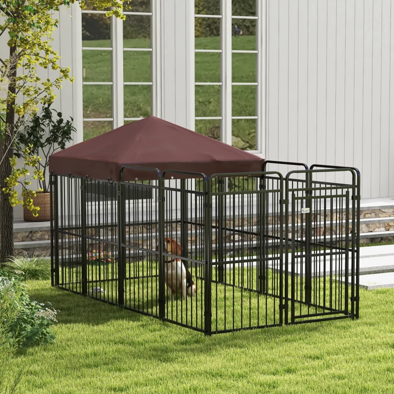 PawHut Țarc pentru câini de exterior din metal cu acoperiș, 282x141x160,5cm, maro(m-10)