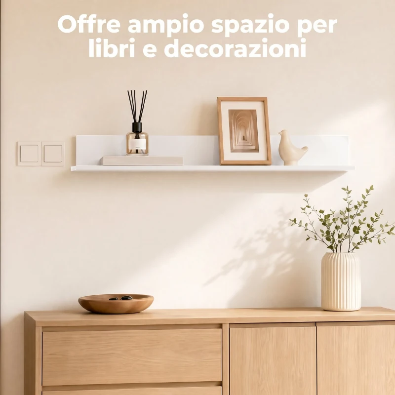 HOMCOM Mensola da Muro per Soggiorno e Camera da Letto, Spessore 1.5 cm, in Legno in Finitura Lucida, Bianco