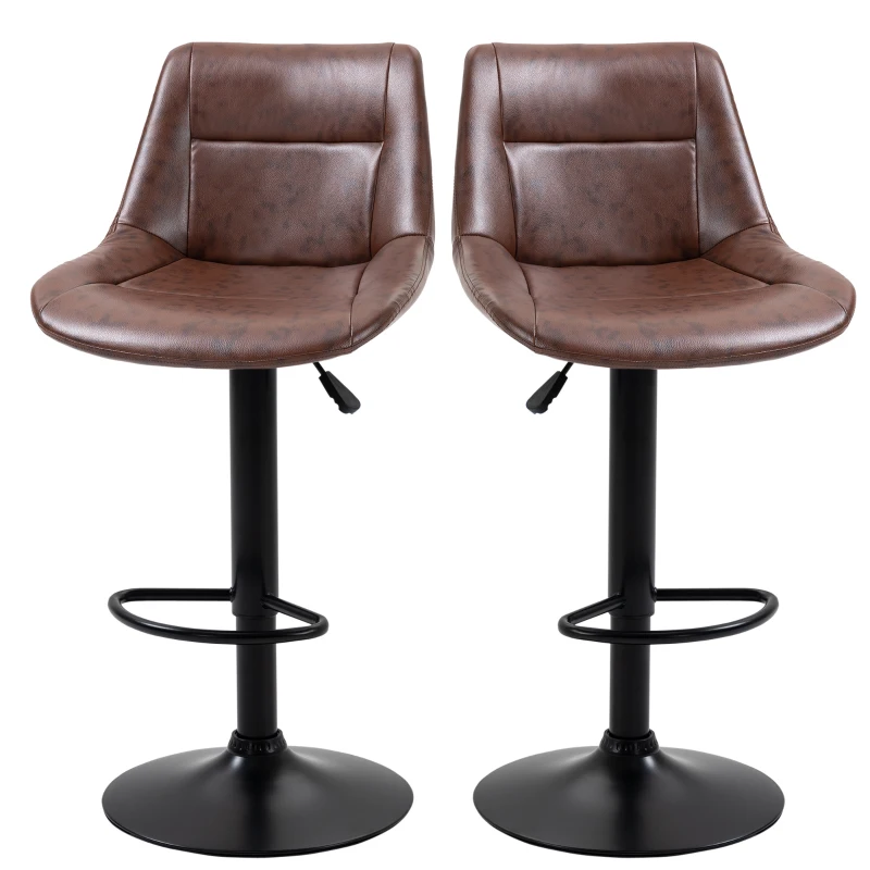 HOMCOM Set 2 Scaune de Bar Vintage din Piele Sintetică Maro cu Suport pentru Picioare și Bază Rotundă, 46,5x50x88-108 cm
