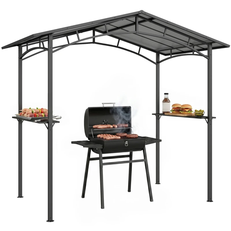Outsunny 8ft x 5ft Outdoor BBQ Gazebo Tent with Protective Aluminium Steel Frame, 2 Shelves, Hardtop Roof, Canopy Ground Stakes for Safe Cooking