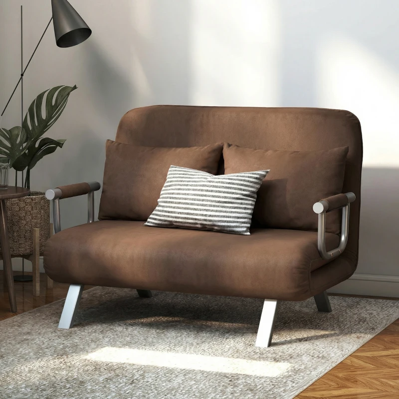 HOMCOM Divano Letto 2 Posti in Finta Pelle Scamosciata, Schienale Regolabile e 2 Cuscini, 111x80x78 cm, Marrone