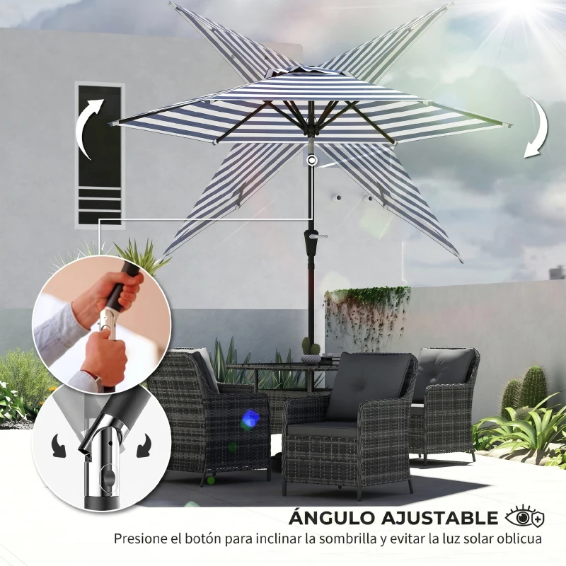 Outsunny Chapéu de Sol Exterior Ø230 cm com Ângulo Ajustável e Manivela Impermeável Azul e Branco