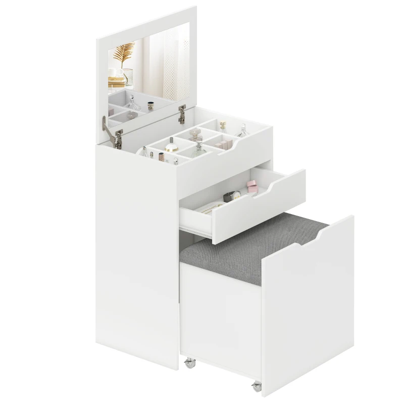 HOMCOM Toucador com Banco Oculto e Espelho Rebatível Mesa de Maquilhagem com Gaveta e 7 Compartimentos Banco Acolchoado Branco