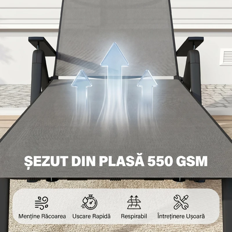Outsunny Șezlong pliabil și reglabil în 5 poziții, cu roți, din metal și textilenă, 72x158x84 cm, gri
