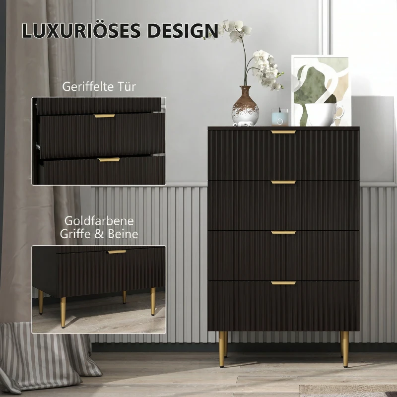 HOMCOM Commode 4 tiroirs commode chambre meuble de rangement moderne avec poignées et pieds dorés, dim. 60 x 40 x 96 cm, noir