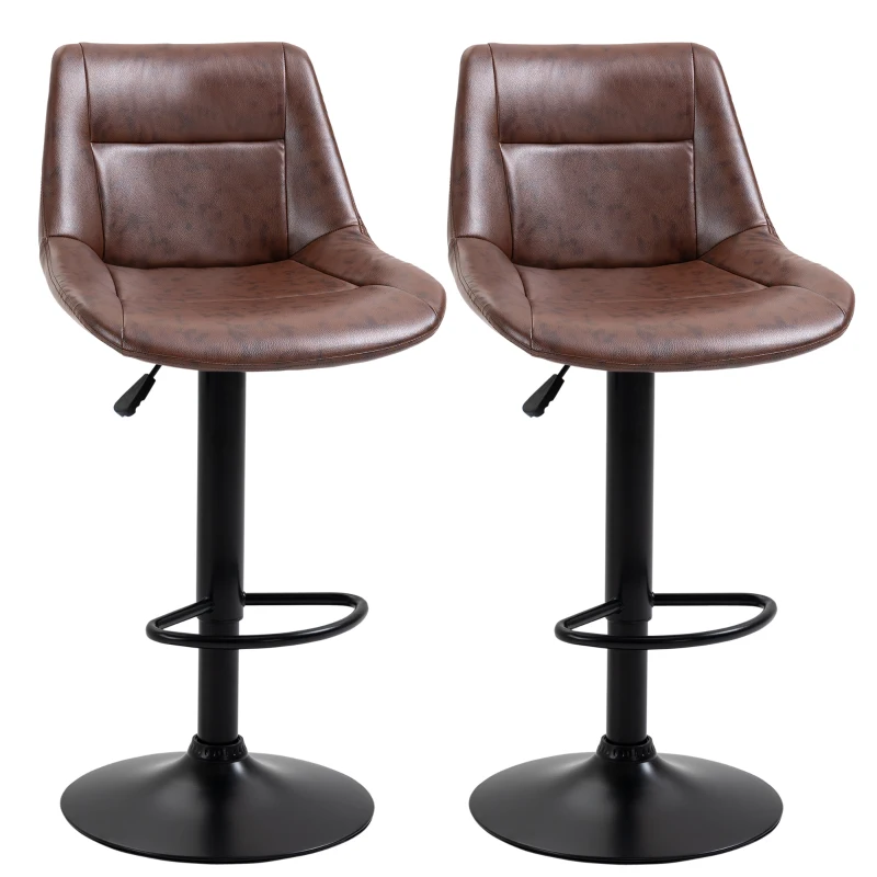 HOMCOM Set 2 Scaune de Bar Vintage din Piele Sintetică Maro cu Suport pentru Picioare și Bază Rotundă, 46,5x50x88-108 cm