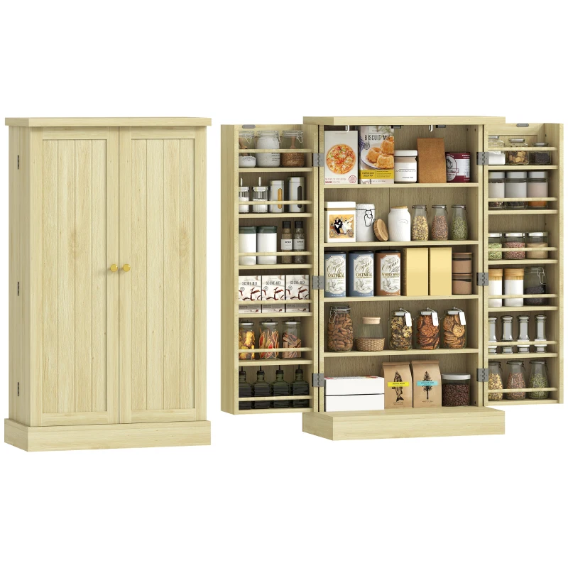 HOMCOM Dispensa 104 cm, 12 rastrelliere spezie, ripiani regolabili, legno naturale.