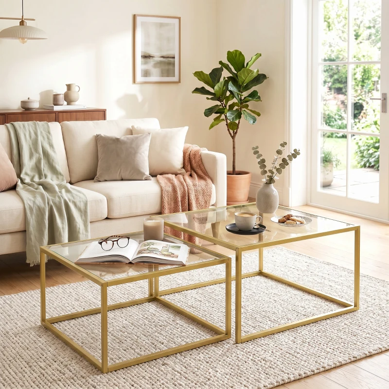 HOMCOM 2 Mesas de Centro Cuadradas Mesas Nido Modernas con Tablero de Vidrio Templado y Estructura Metálica 75x75x42 cm Dorado