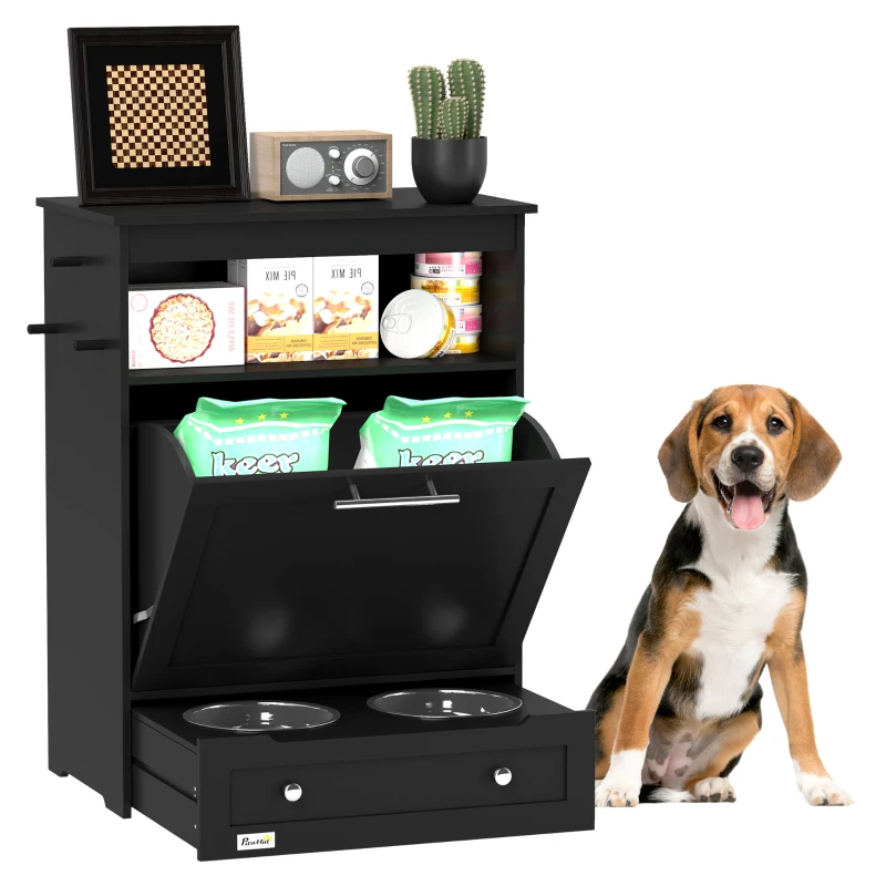 PawHut Pet Feeder Station, Dog, Cat Storage Container, with Raised Bowls, Hanger, Cabinet - Black