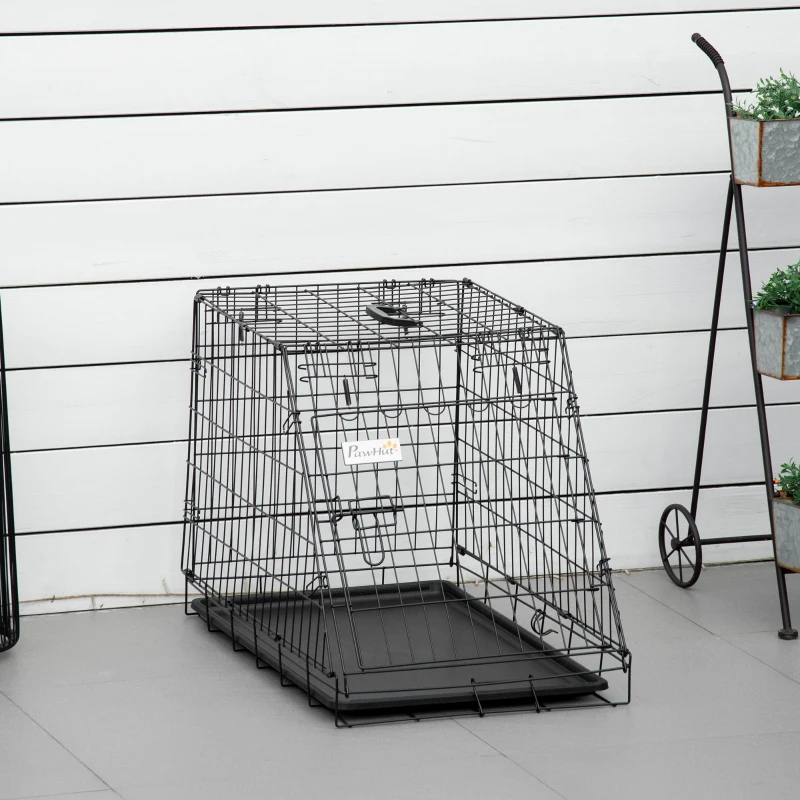 PawHut Trasportino per Cani in Metallo e PP, Gabbia per Cani a Trapezio per Auto con Maniglia, 77x47x55cm Nero