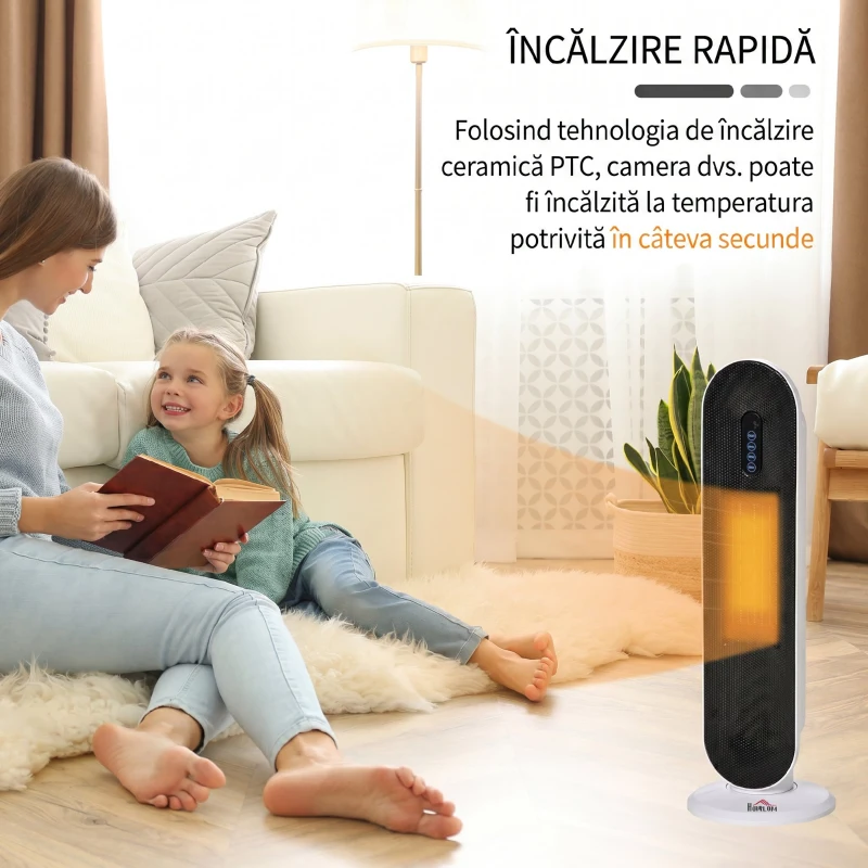 HOMCOM Radiator Electric Oscilant cu Telecomandă, Timer și 2 Moduri, din PP, PA și Metal, 21x21x63,5 cm, Alb și Negru