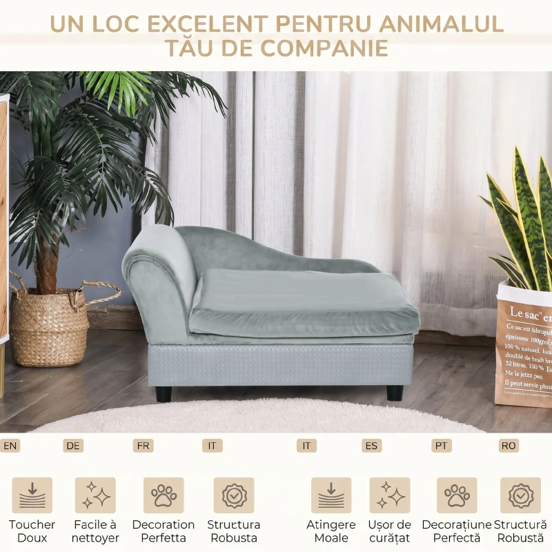 PawHut Canapea pentru câini cu spațiu de depozitare și pernă, din lemn și poliester, 76x45x43 cm, gri deschis
